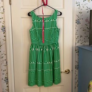 Sleeveless green and white print garden party dress. Trina Turk.